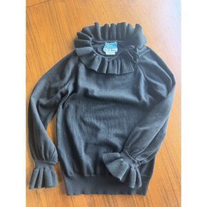Vintage LeRoy Knitwear Women's Black Ruffle Collar Wool Blend Sweater - Size M